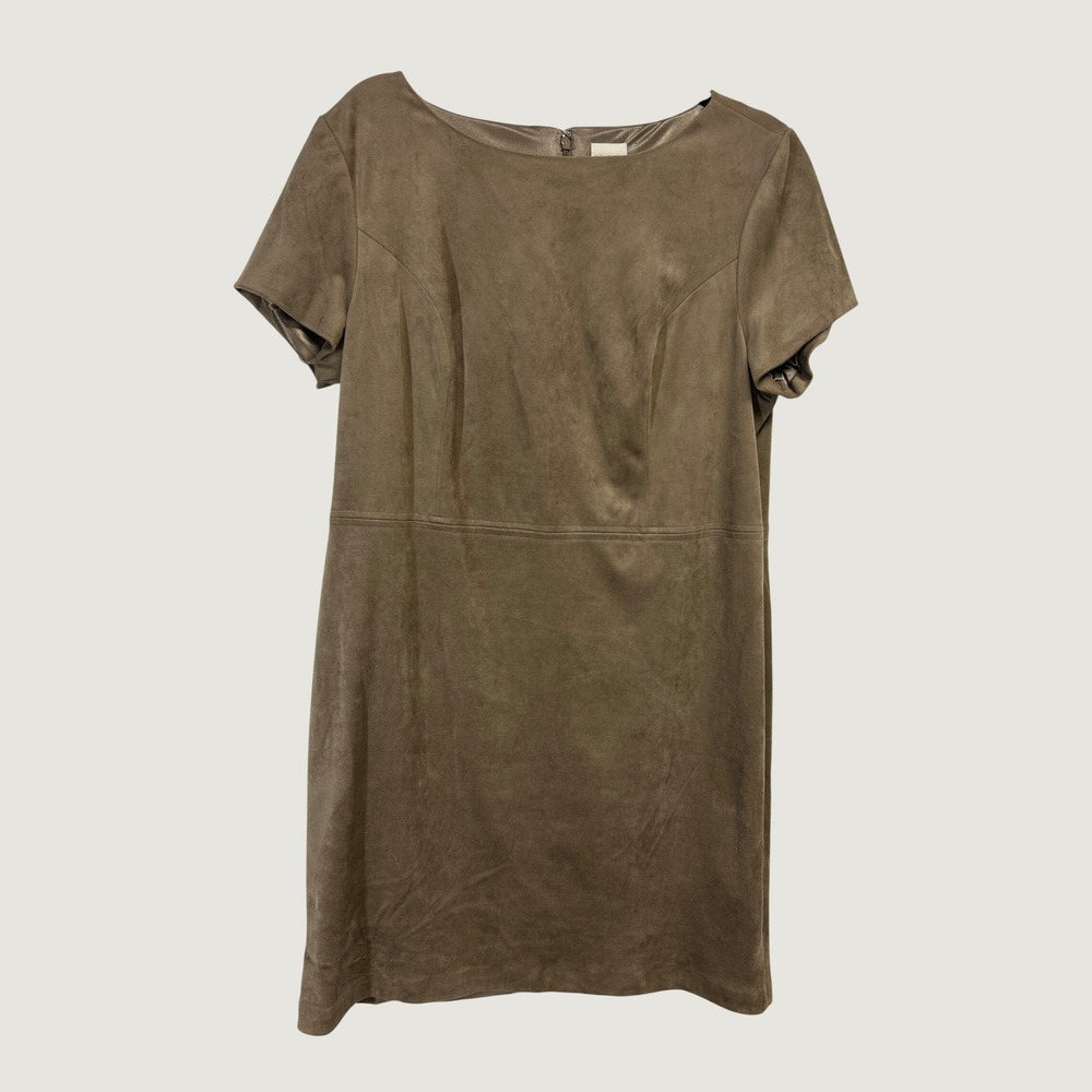 Chico's Faux Suede Dress Women 2 Brown Short Sleeve Shift Sheath‎ Lined Office